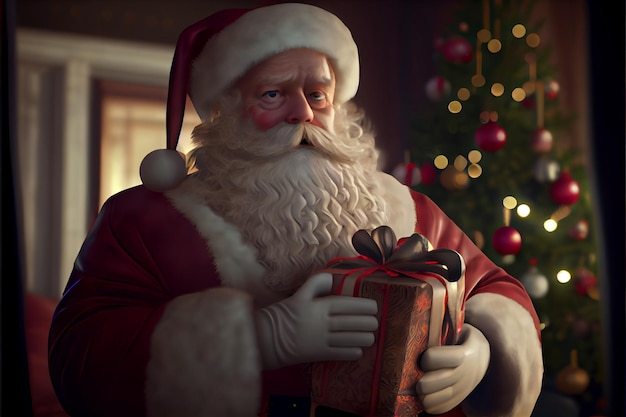 선물을 들고 있는 산타클로스 배경에 장식된 크리스마스 트리가 있습니다