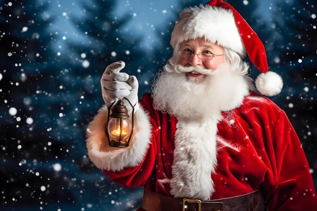Санта-Клаус с фонариком в руке в снежной сцене Генеративный ИИ