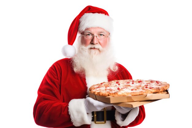 Photo a santa claus holding a pizza