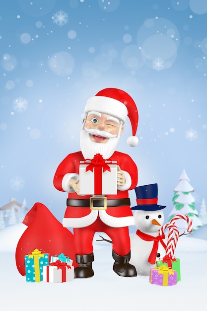 Santa Claus holding presents in hand They will be given to the children on Christmas night3d