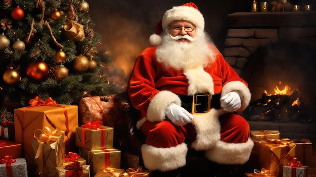 Santa claus holding red gift box sitting in front of the fireplace at home christmas day happy new year