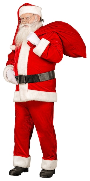Санта-Клаус держит мешок подарков через плечо