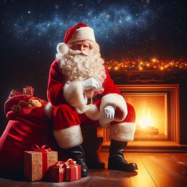 Фото Санта-клаус в красном костюме и шляпе сидит в камине
