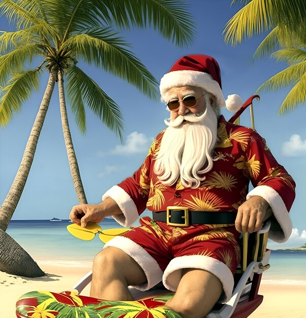Фото Санта-клаус в тропическом раю песчаный пляж сёрфинг санки солнцезащитные очки пальмы гавайские рубашки