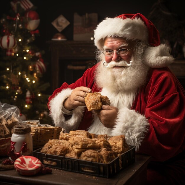 산타클로스는 쿠키와 쿠키 바를 먹고 있습니다.
