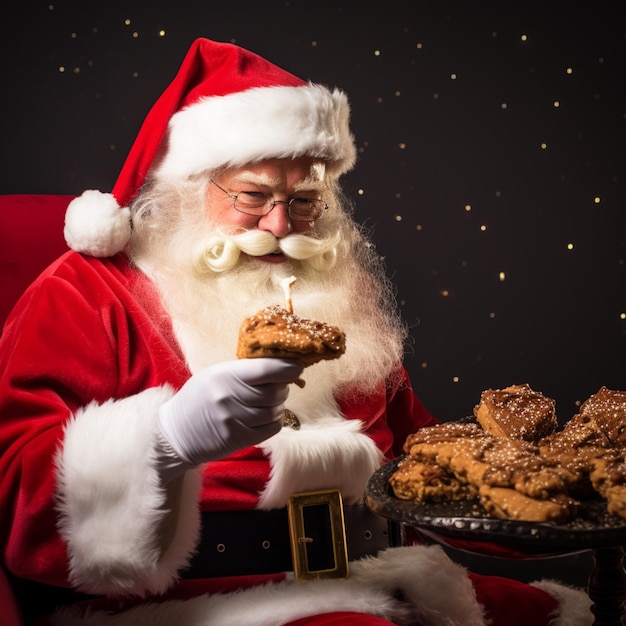 Санта-Клаус ест кексы и тарелку печенья.
