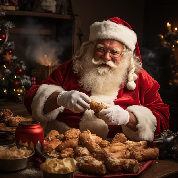 santa claus is eating a pastry with a lot of food generative ai