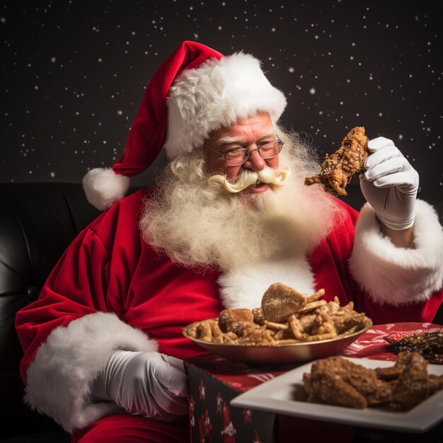 santa claus is eating a plate of food with a fork generative ai