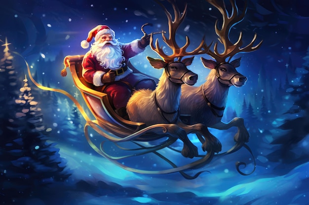 Santa Claus is flying on a sleigh with reindeer