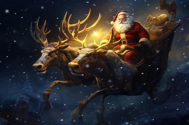 Санта-Клаус летит на санях с оленями.