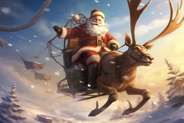 Santa Claus is flying on a sleigh with reindeer