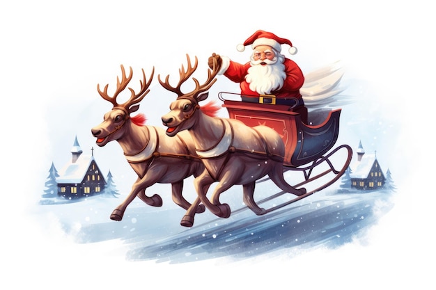 Santa Claus is flying on a sleigh with reindeer