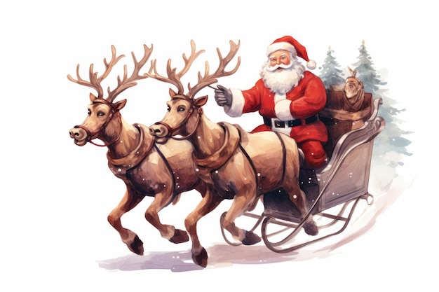 Santa Claus is flying on a sleigh with reindeer