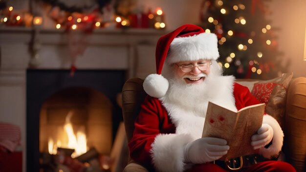 Santa Claus is getting ready for Christmas Santa Claus is smiling as he reads greeting cards