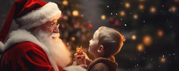 Foto babbo natale regala ai bambini piccoli vicino all'albero di natale panorama generative ai