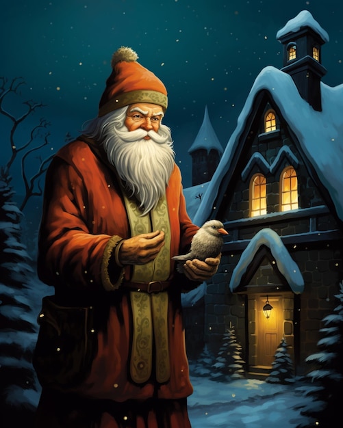 Santa claus is holding a bird in his hand in front of a house generative ai