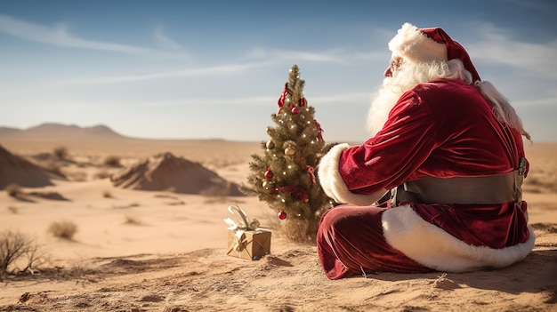 Santa Claus is lost and sitting on sand dunes in the desert Generative AI