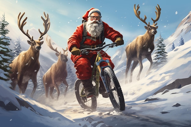 Santa claus is mountain biking down a challenging trail his nimble reindeer keeping pace alongside him christmas funny illustration