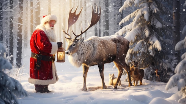 Santa Claus is near his reindeer in the snowy forest