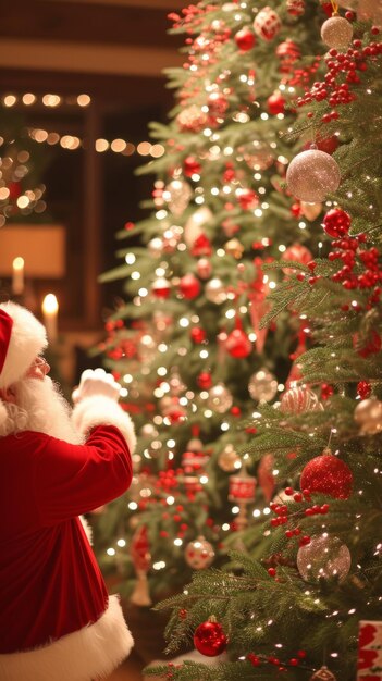 Foto babbo natale sta mettendo i regali sotto l'albero di natale.