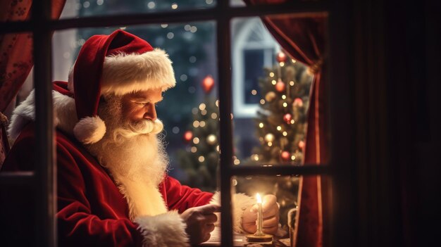 Santa Claus is reading a book New Year and Christmas holidays The atmosphere of the holiday Postcard