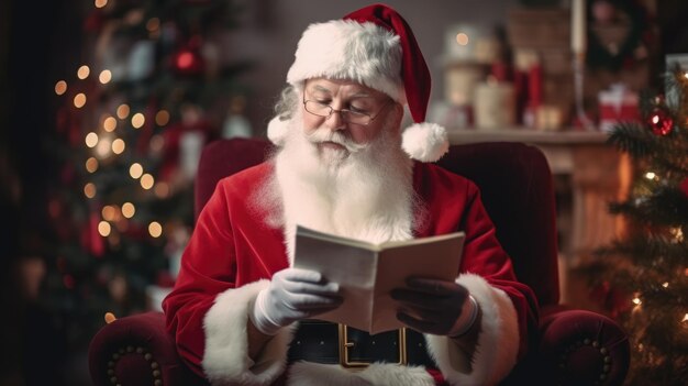 Santa Claus is reading a book New Year and Christmas holidays The atmosphere of the holiday Postcard