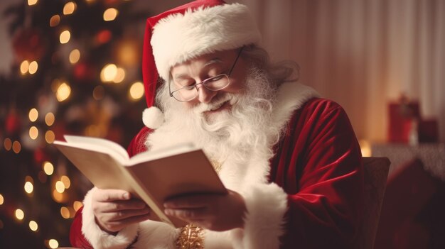 Santa Claus is reading a book New Year and Christmas holidays The atmosphere of the holiday Postcard