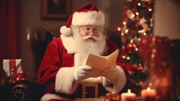 산타클로스는 책을 읽고 있습니다. 새해와 크리스마스 휴일 휴일의 분위기 포스트카드