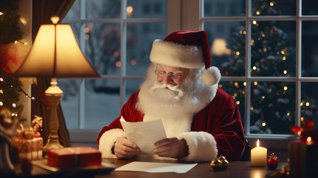 Santa claus is reading a book new year and christmas holidays the atmosphere of the holiday postcard