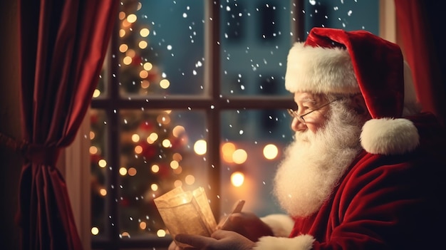 Santa Claus is reading a book New Year and Christmas holidays The atmosphere of the holiday Postcard