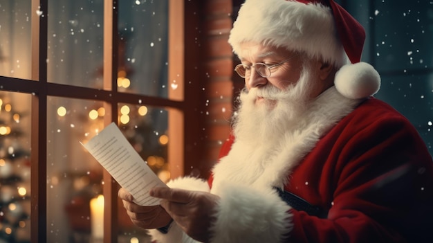 サンタクロースが本を読んでいます 新年とクリスマス休暇 休日の雰囲気 ポストカード