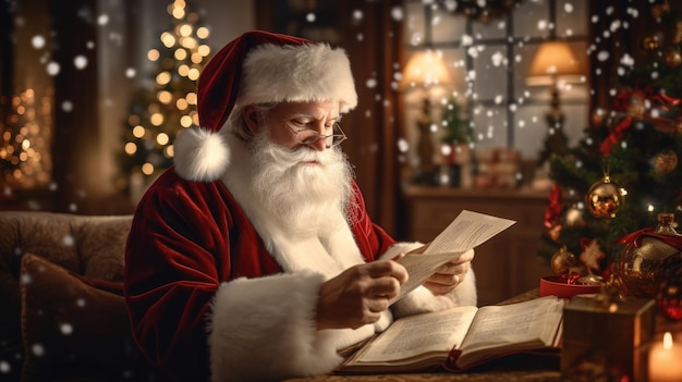 Дед Мороз читает книгу Новогодние и рождественские каникулы Атмосфера праздника Открытка