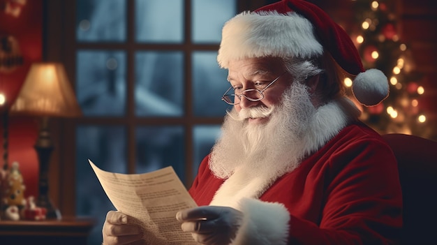 산타 클로스가 책을 읽고 있습니다 새해와 크리스마스 휴일 휴일 분위기 엽서