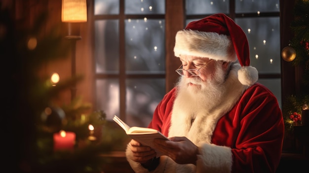 Santa Claus is reading a book New Year and Christmas holidays The atmosphere of the holiday Postcard