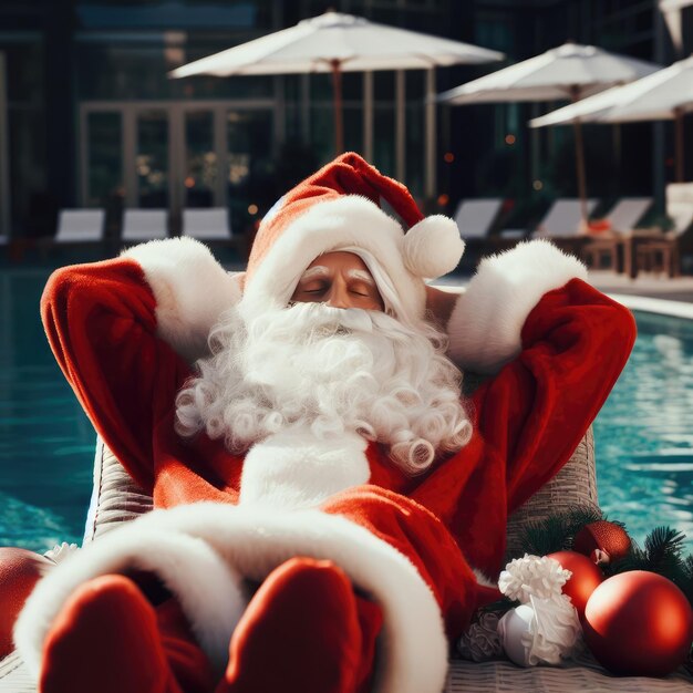 Photo santa claus is relaxing by the pool with a cocktail