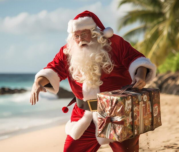 Photo santa claus is relaxing on the lounge next to the pool or is delivering gifts in warm countries