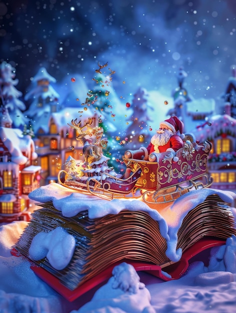 Фото Санта-клаус едет на санях с оленем и санями с подарками.