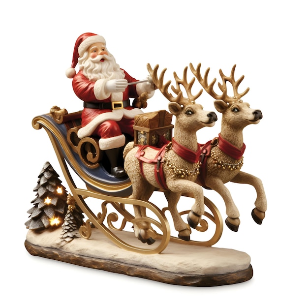 A santa claus is riding a sleigh with reindeers and a tree on it.