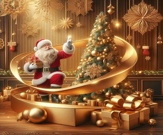 a santa claus is sitting on a gold ribbon