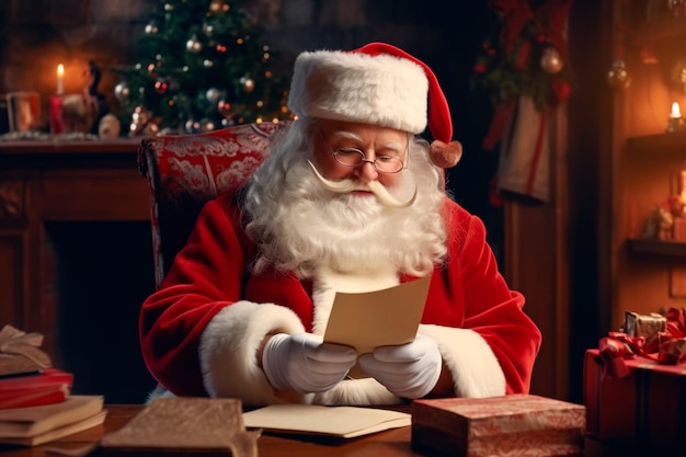 Santa Claus is sitting in his office and reading letters The atmosphere of Christmas and New Year