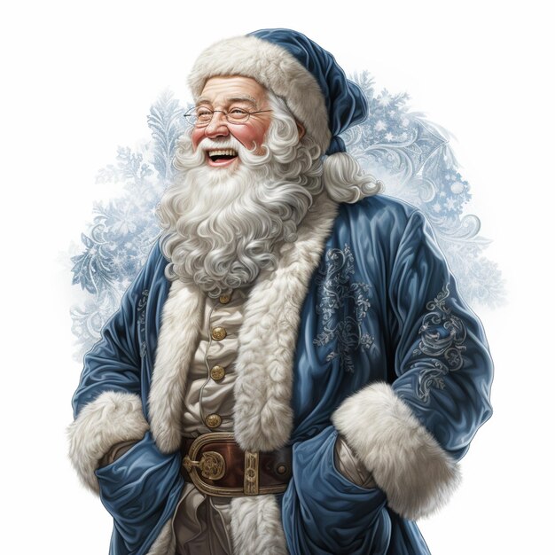 santa claus is smiling and wearing a blue coat and white fur generative ai