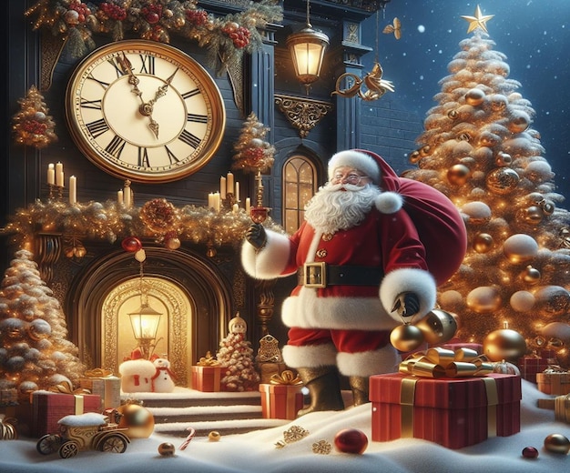 산타클로스가 크리스마스 트리 앞에 서 있다