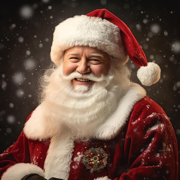 산타클로스가 산타 모자를 입고 눈 속에 서 있다.