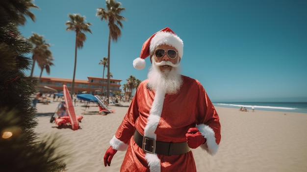 Santa Claus is on vacation Santa on the sea beach Christmas vacation