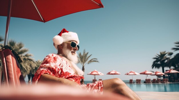 Santa Claus is on vacation Santa on the sea beach Christmas vacation