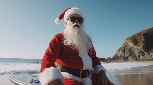 Santa Claus is on vacation Santa on the sea beach Surfing Christmas vacation