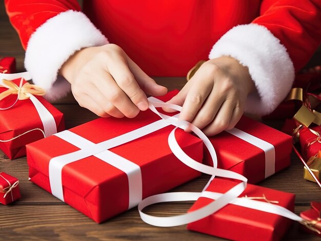 A santa claus is wrapping a present with a ribbon.