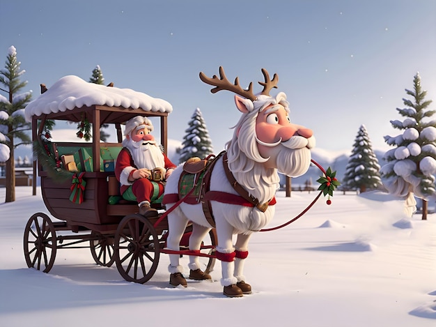 Santa Claus Joyfully Delivers Christmas Gifts Under Snowy Skies in Sleigh