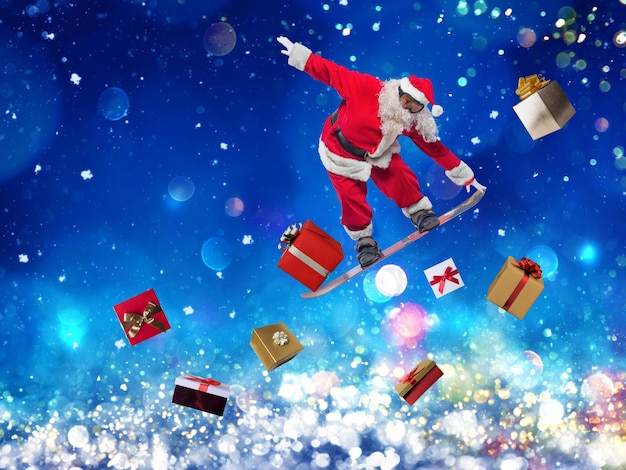 Photo santa claus jumps with a snowboard board