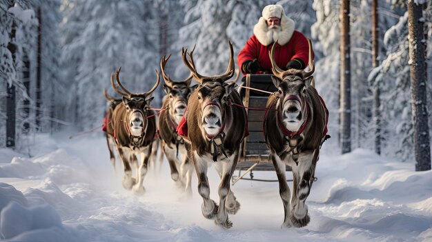 Фото Санта-клаус ведет команду оленей в скоростной гонке через заснеженный лес